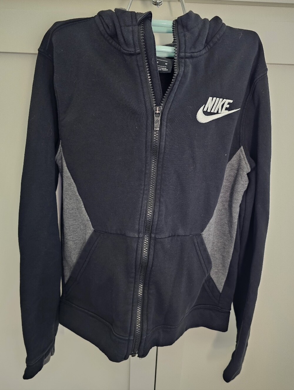 Nike Black and Gray Full Zip Hoodie with White Logo. Kids Size M. Back To School